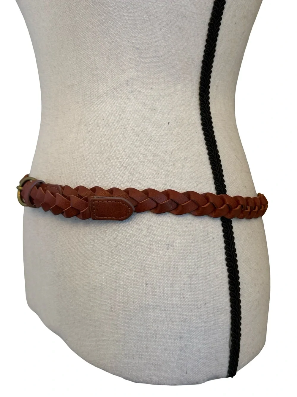Braided Faux Leather Belt Brown Woven Adjustable Brass Tone Buckle Boho